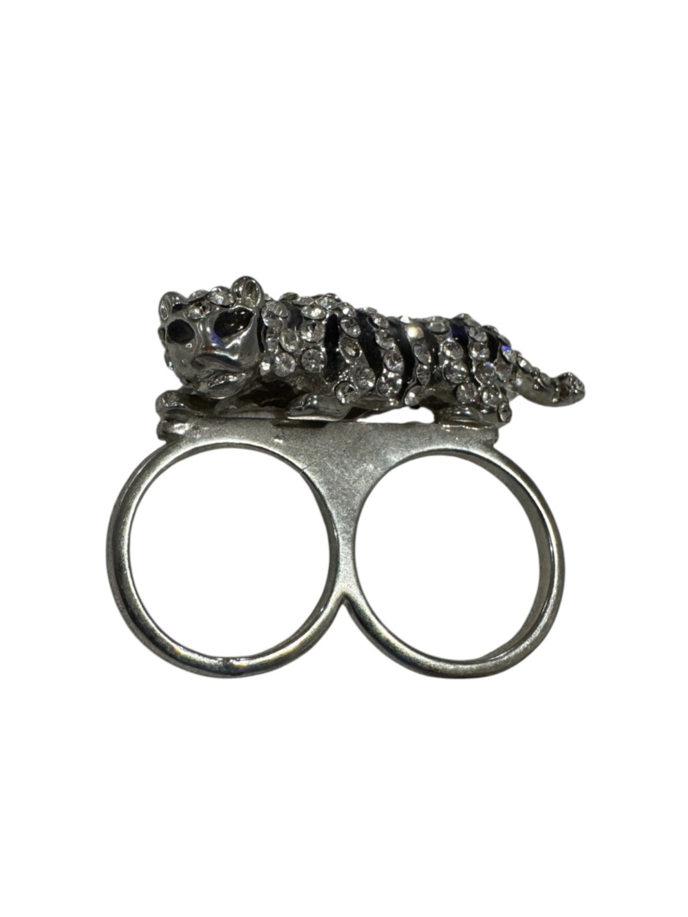 Silver Crystal Tiger Double-Finger Ring